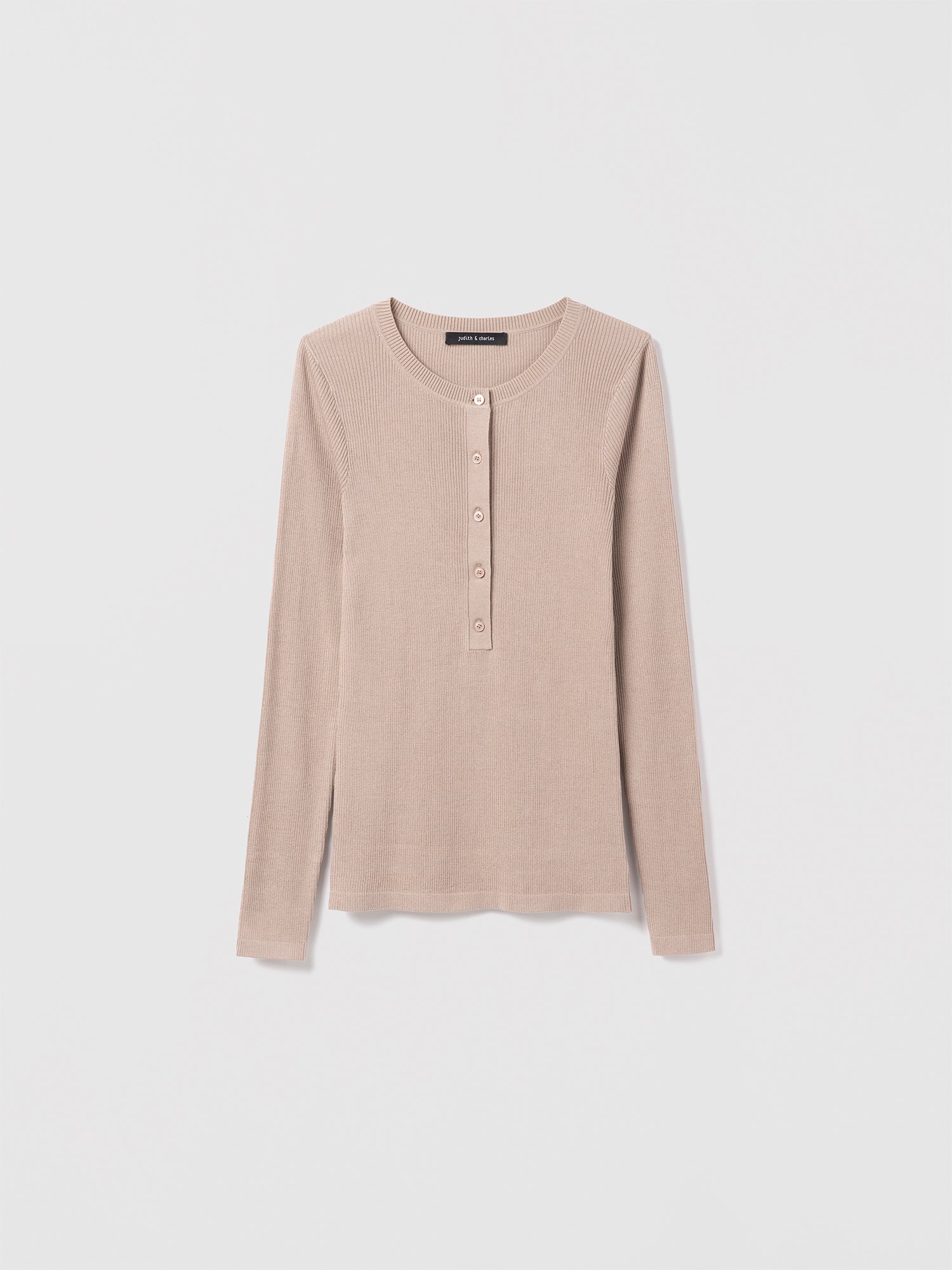Judith and Charles Long Sleeve Fitted Henley in Sand Fine Cotton Silk with Crew Neck, Button Front Closure, 59% Silk & 41% Cotton, Unlined, Fabric made in Italy – 23” Back Length (Salina Pullover, Style 266-4131).