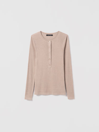 Judith and Charles Long Sleeve Fitted Henley in Sand Fine Cotton Silk with Crew Neck, Button Front Closure, 59% Silk & 41% Cotton, Unlined, Fabric made in Italy – 23” Back Length (Salina Pullover, Style 266-4131).