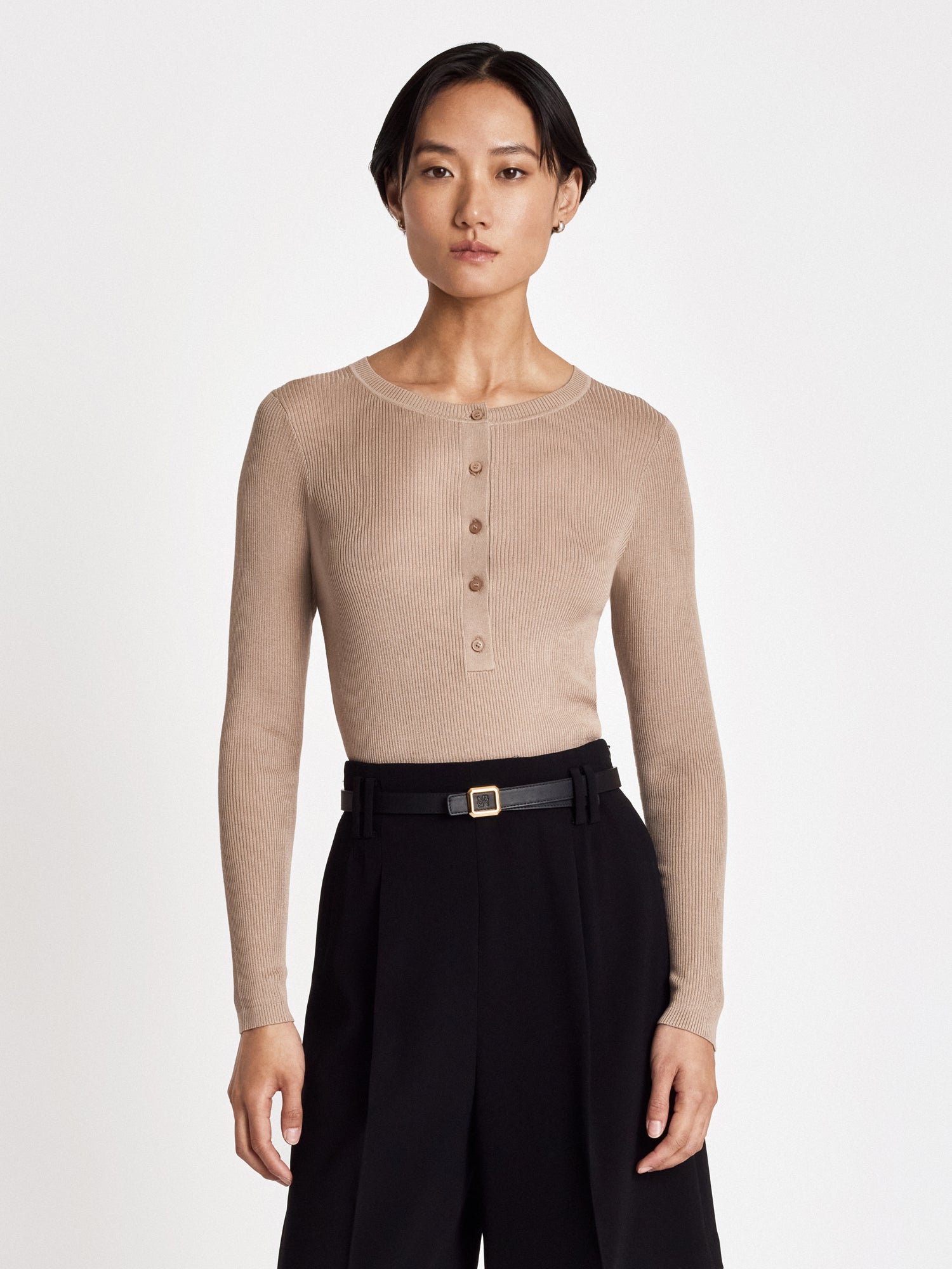 Judith and Charles Long Sleeve Fitted Henley in Sand Fine Cotton Silk with Crew Neck, Button Front Closure, 59% Silk & 41% Cotton, Unlined, Fabric made in Italy – 23” Back Length (Salina Pullover, Style 266-4131).