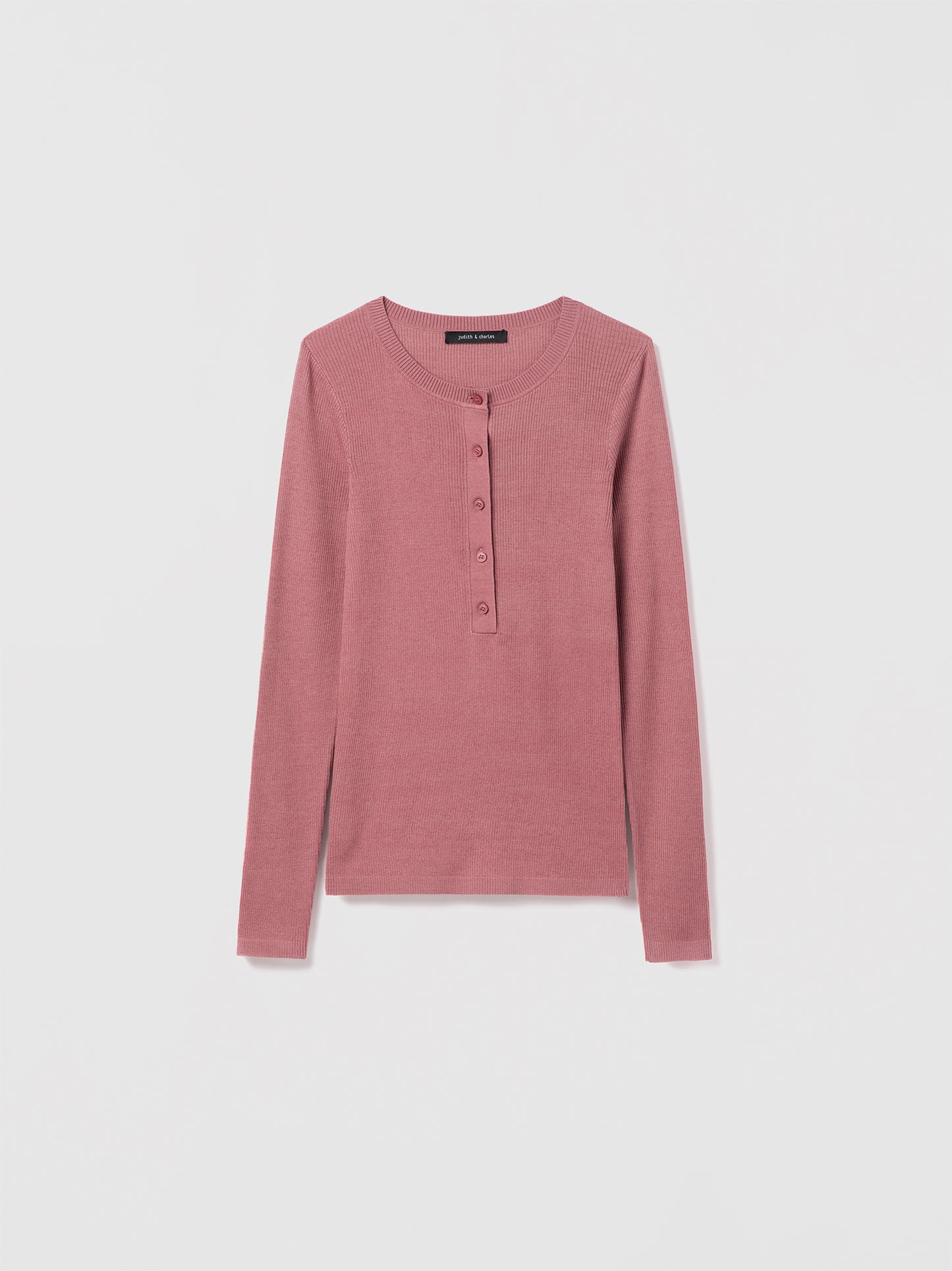 Judith and Charles Long Sleeve Fitted Henley in Rose Fine Cotton Silk with Crew Neck, Button Front Closure, 59% Silk & 41% Cotton, Unlined, Fabric made in Italy – 23” Back Length
