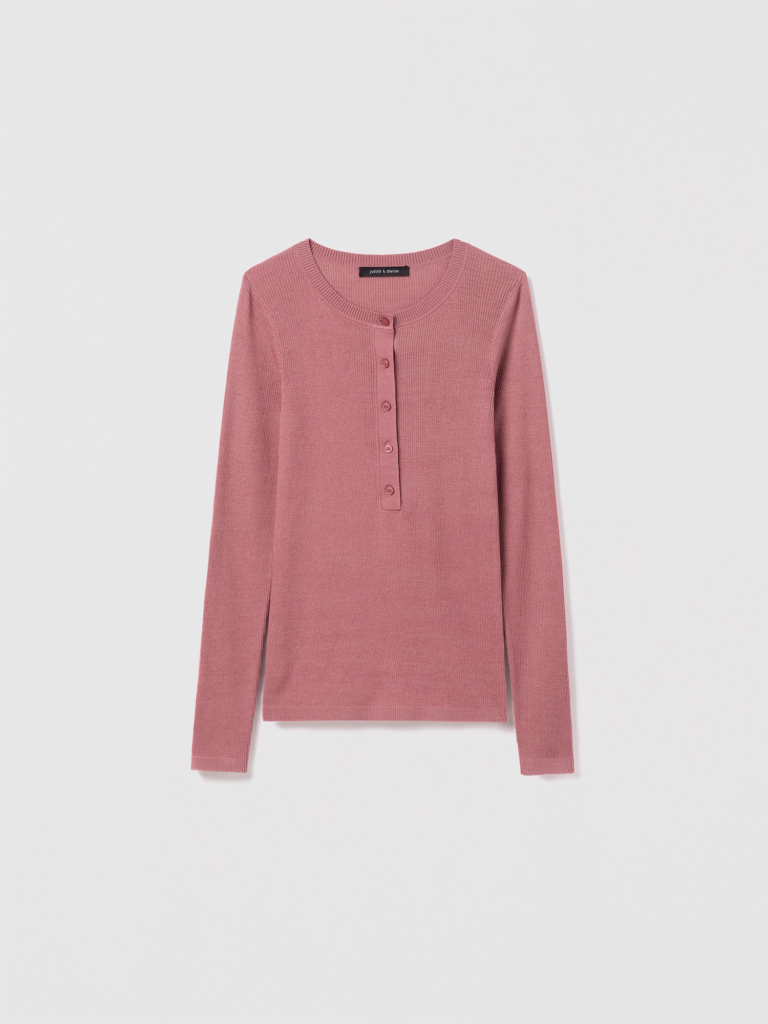 Judith and Charles Long Sleeve Fitted Henley in Rose Fine Cotton Silk with Crew Neck, Button Front Closure, 59% Silk & 41% Cotton, Unlined, Fabric made in Italy – 23” Back Length