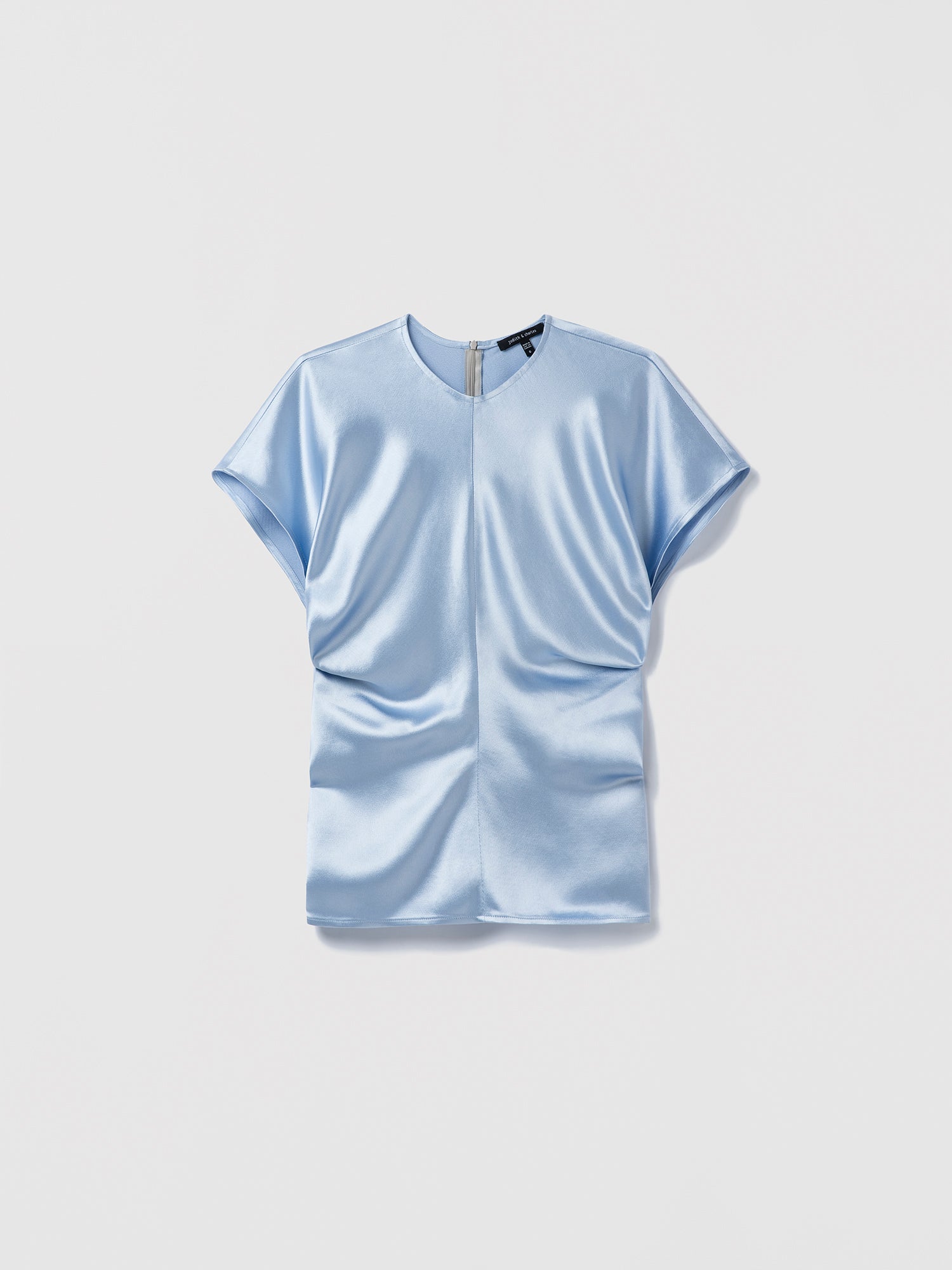 Flat of glacial blue crew neck cap sleeve blouse in textured satin