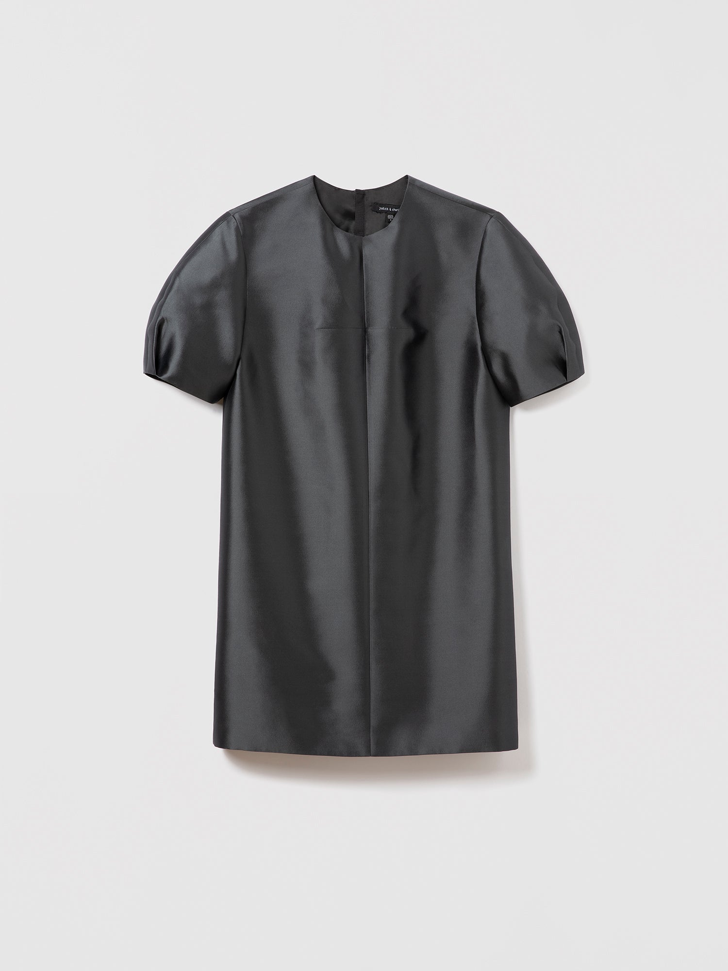 Flat lay of crew neck dress in anthracite silk-wool blend with short structured sleeves and invisible back zipper