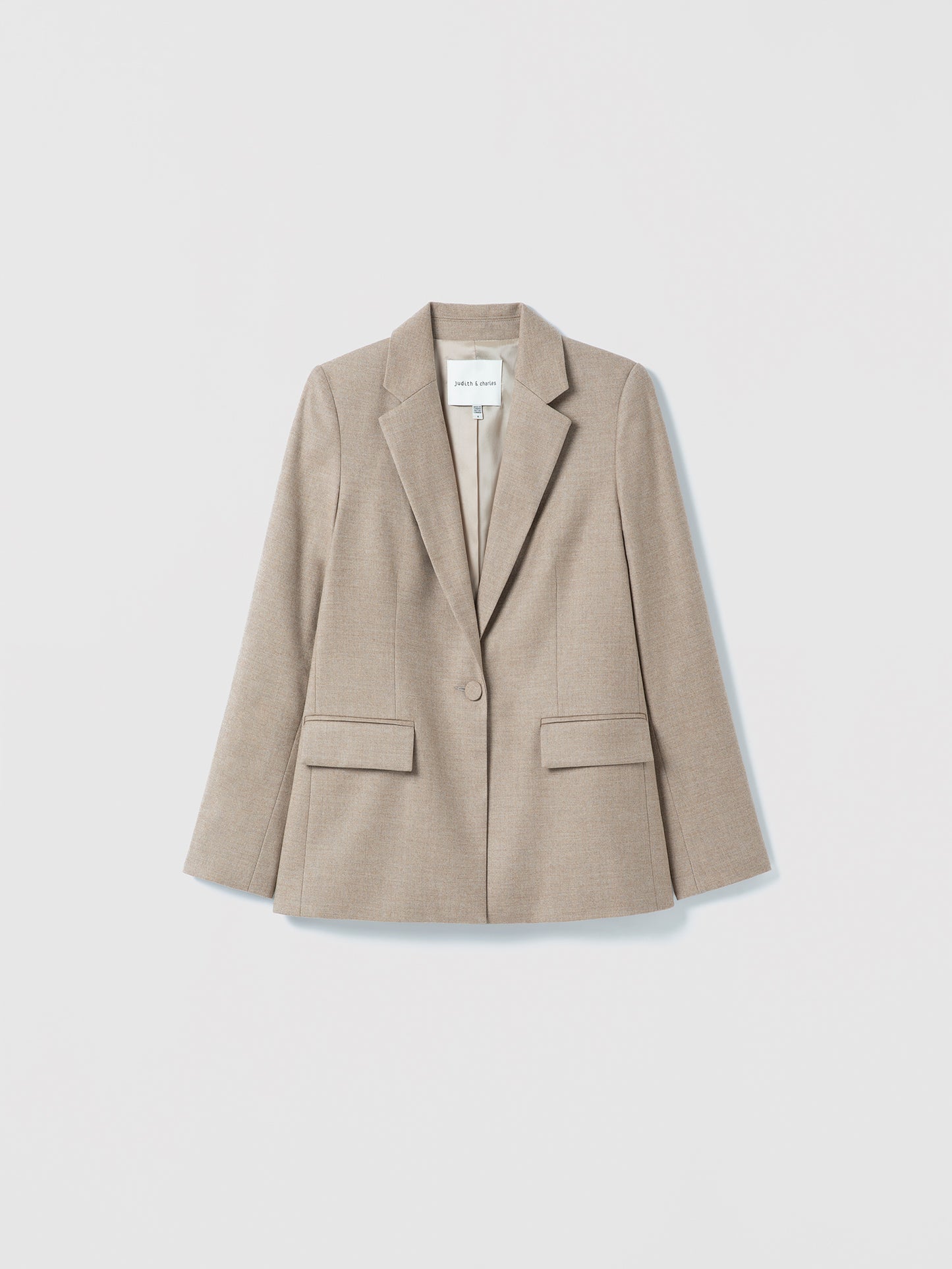Tailored Senna jacket in Camel Melange wool-cashmere blend with notch lapel, flap pockets, single back vent, fully lined, 96% wool, 3% cashmere, 1% elastane, made in Canada, by Judith and Charles, style code 735-1004
