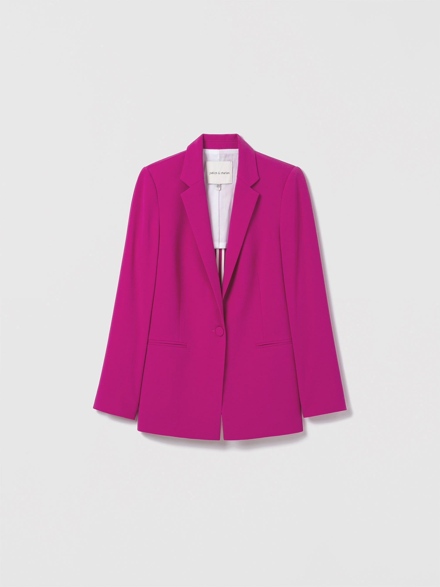 Judith & Charles women's single-breasted orchid pink jacket in satin back crepe with notch lapel and flap pockets. Easy fit, partially lined, made in Canada with premium Japanese fabric. Elegant lightweight blazer, 27.5-inch back length.