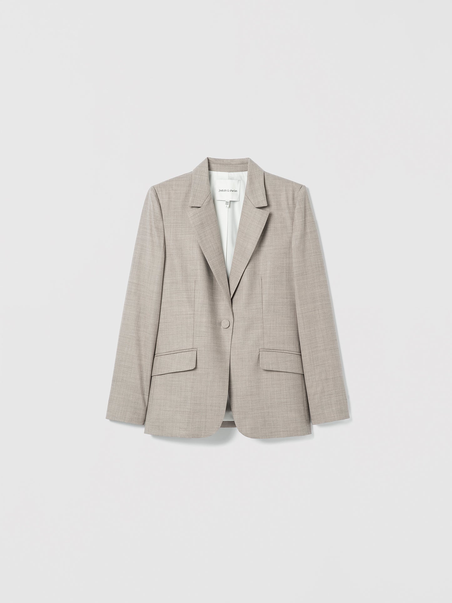 Taupe melange tailored blazer with notch lapels, a single-button closure, and front flap pockets displayed on a white background.