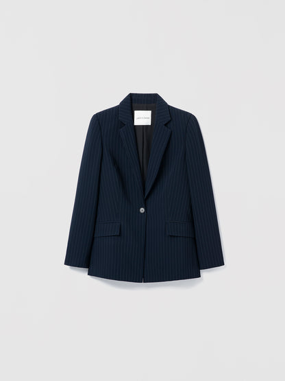 Navy pinstripe blazer on a light gray background