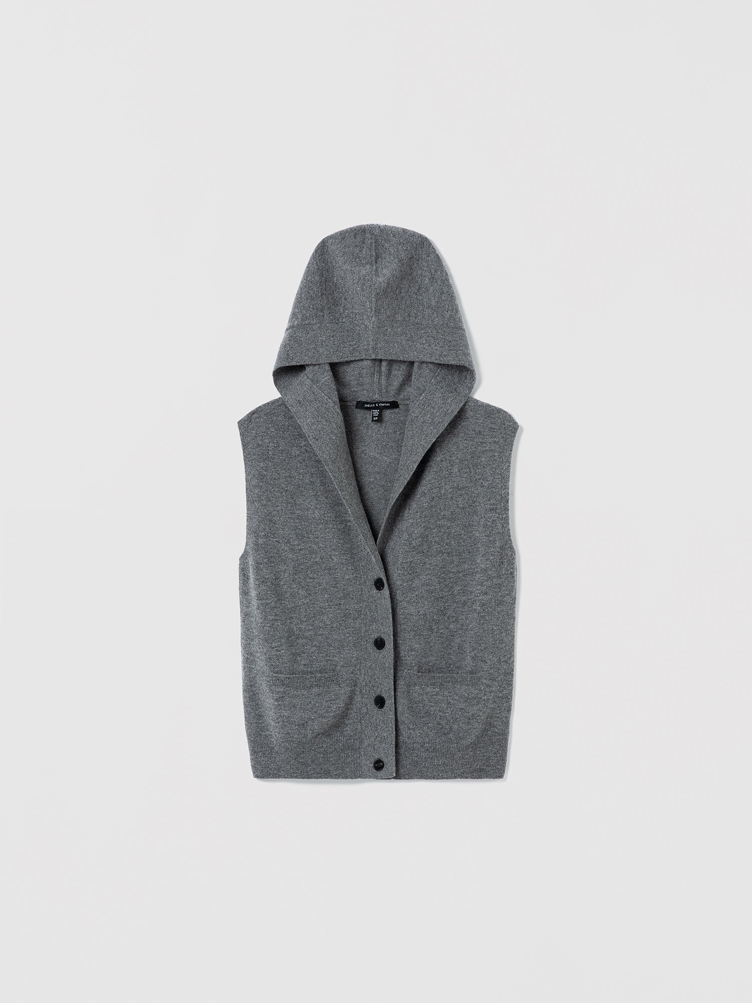 Grey Melange sleeveless hooded wool-cashmere vest with button front closure by Judith & Charles