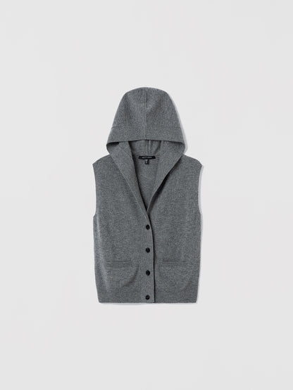 Grey Melange sleeveless hooded wool-cashmere vest with button front closure by Judith & Charles