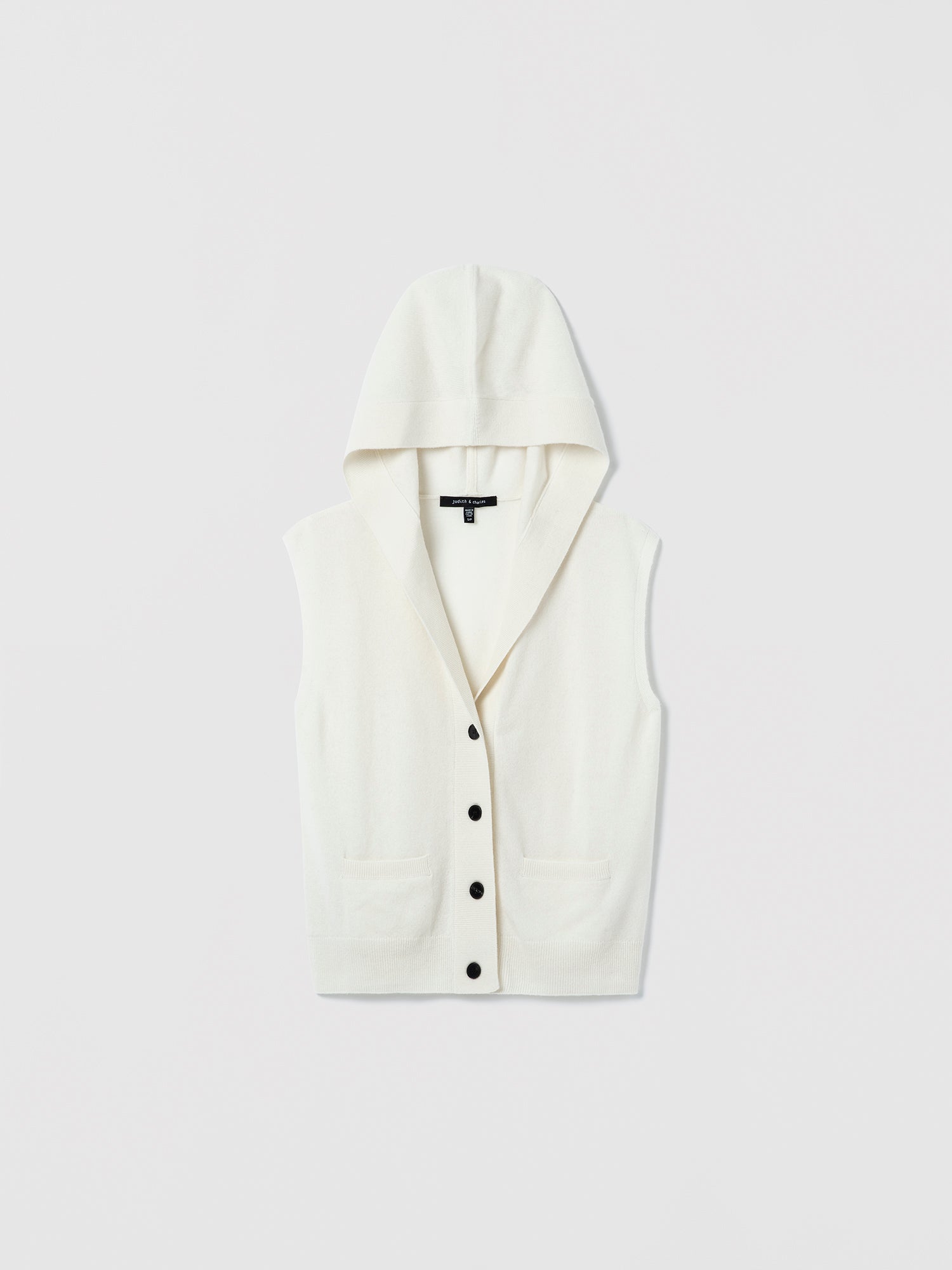 Off White sleeveless hooded wool-cashmere vest with button front closure by Judith & Charles