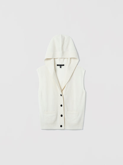 Off White sleeveless hooded wool-cashmere vest with button front closure by Judith & Charles