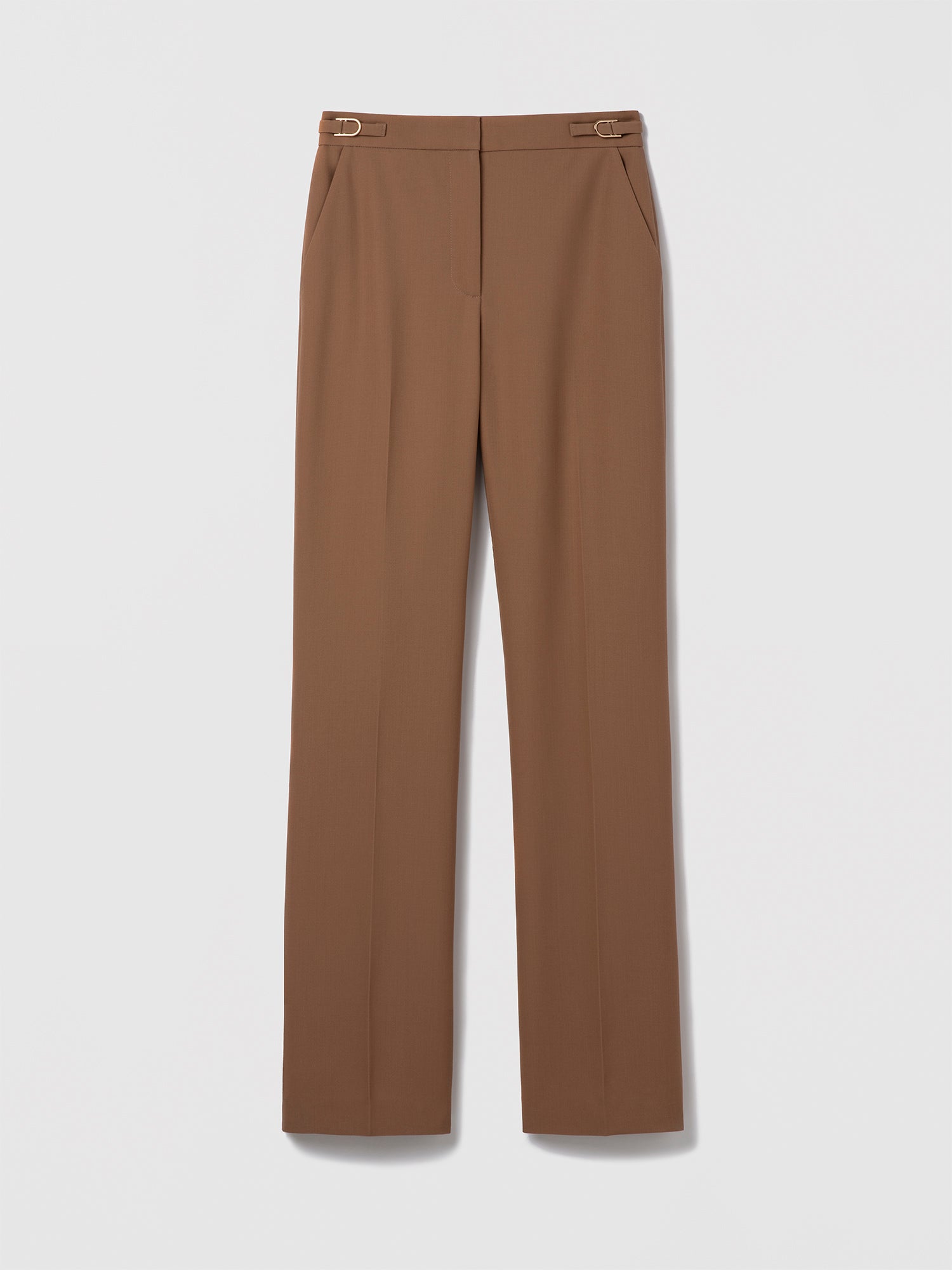 Camel straight-leg virgin wool pant by Judith & Charles, unlined, with front and back pockets and adjustable buckle tabs at the waist.