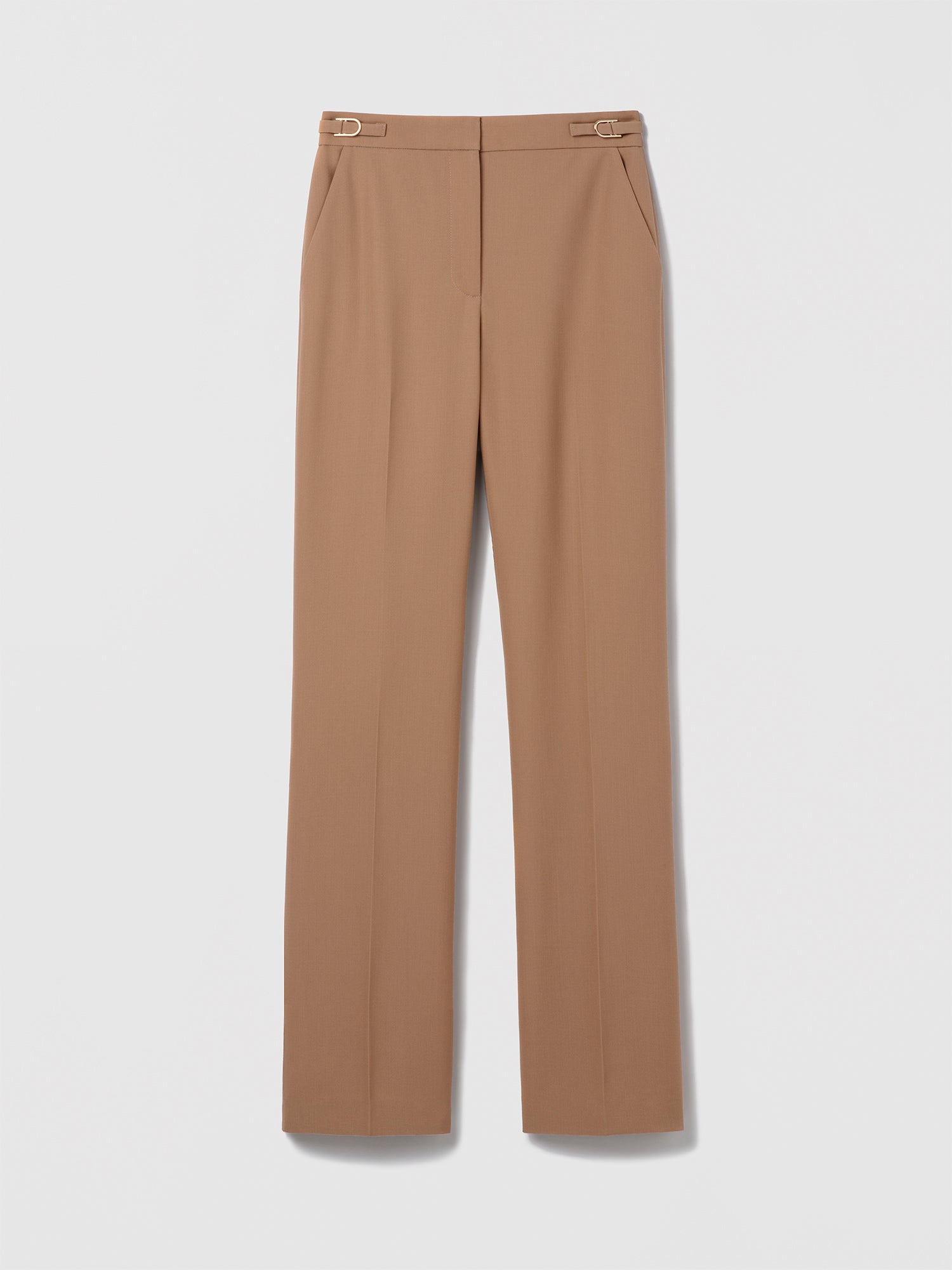 Camel straight-leg virgin wool pant by Judith & Charles, unlined, with front and back pockets and adjustable buckle tabs at the waist.