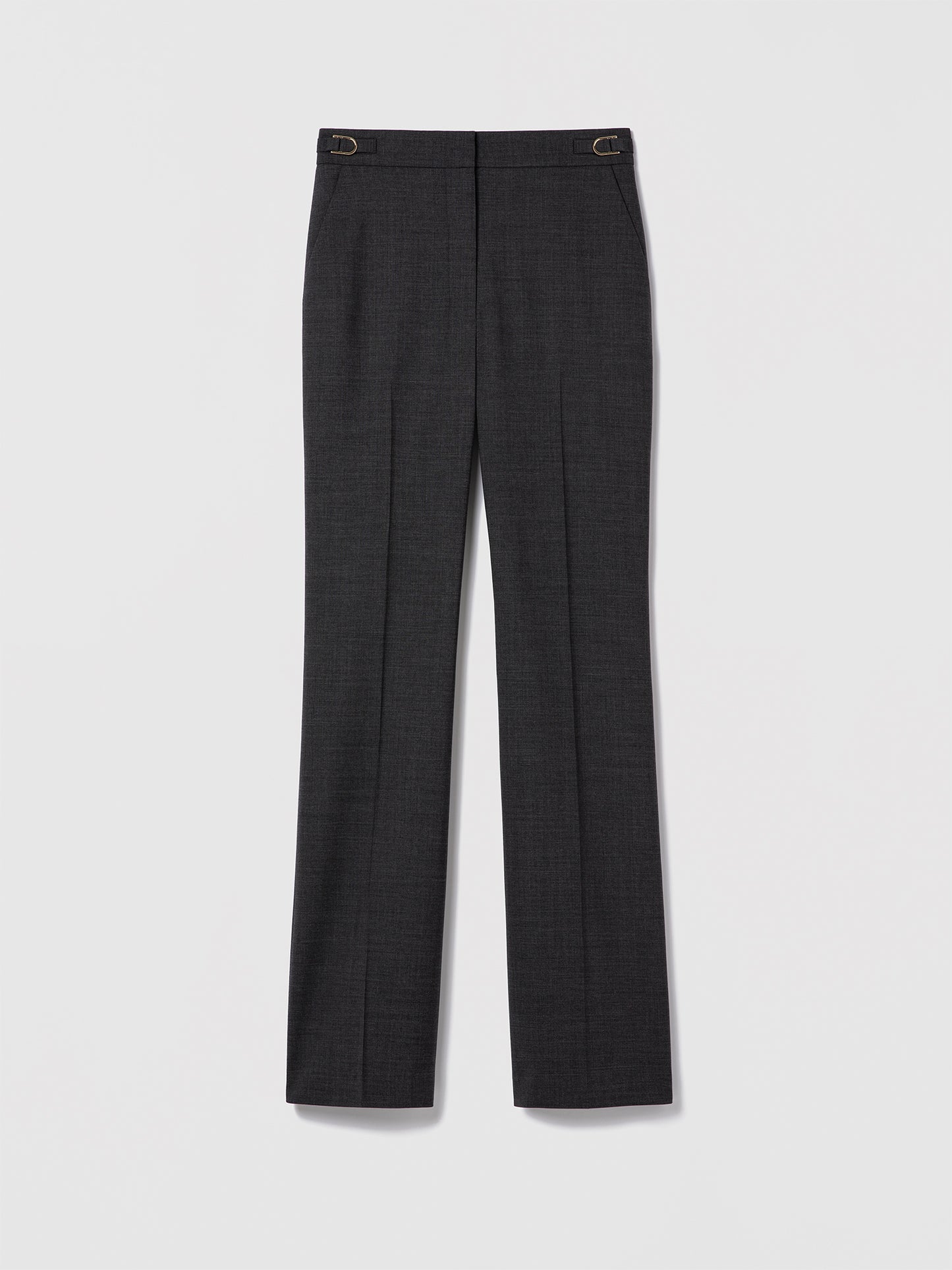 Grey wool-blend pants with adjustable waist tabs by Judith & Charles.