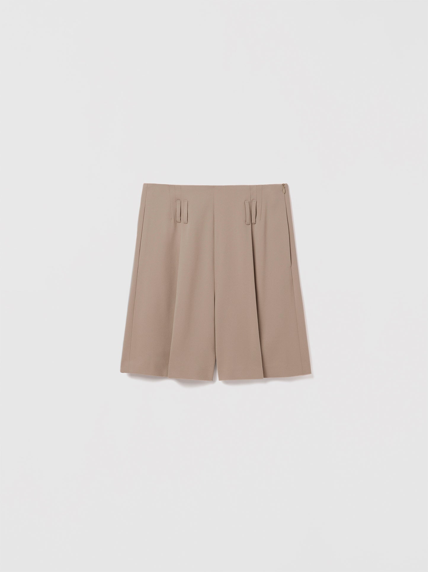 Judith and Charles  Sol Short in color sand – high‑waist, fluid satin back crepe shorts with an invisible side zipper, belt loops, and partial lining; made in Canada from Japanese fabric 