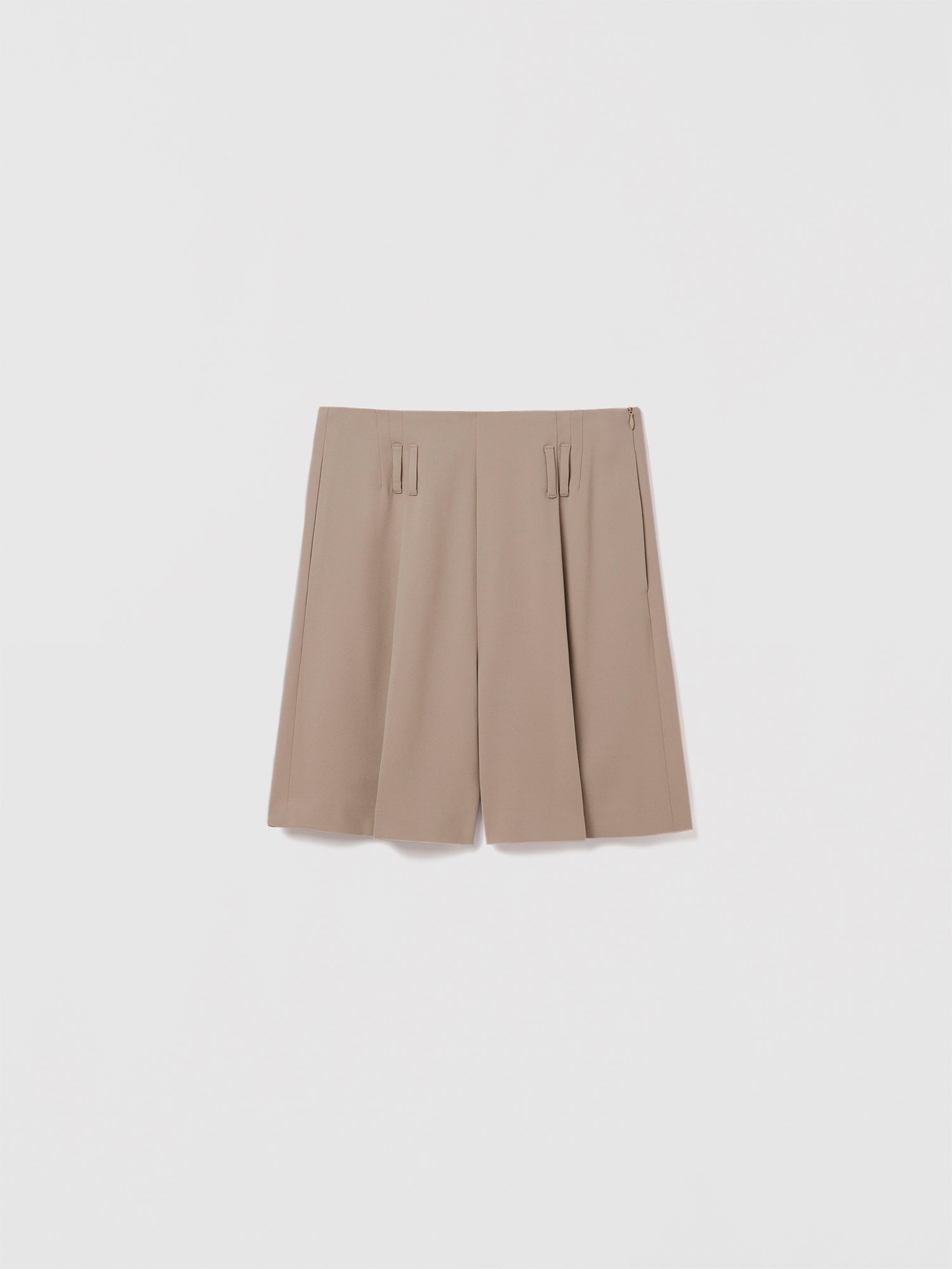 Judith and Charles  Sol Short in color sand – high‑waist, fluid satin back crepe shorts with an invisible side zipper, belt loops, and partial lining; made in Canada from Japanese fabric 