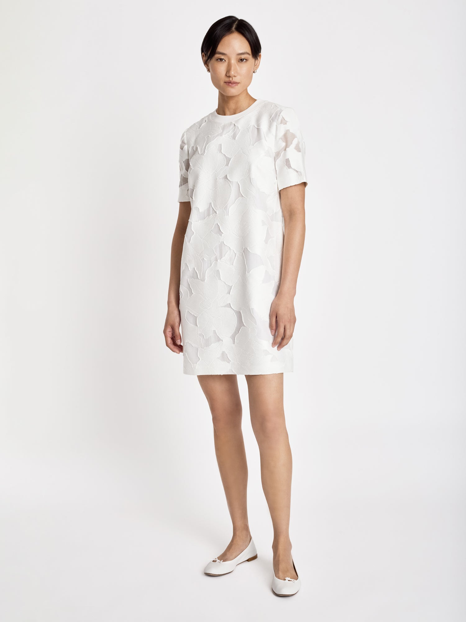 Judith and Charles Strass Dress – Short-sleeve mini T-shirt dress in Floral Devoré featuring a crew neck, combo neckline, invisible back zipper closure, and full cotton lining; made in Canada from premium Italian fabric, 34" back length (Style 715-5829).