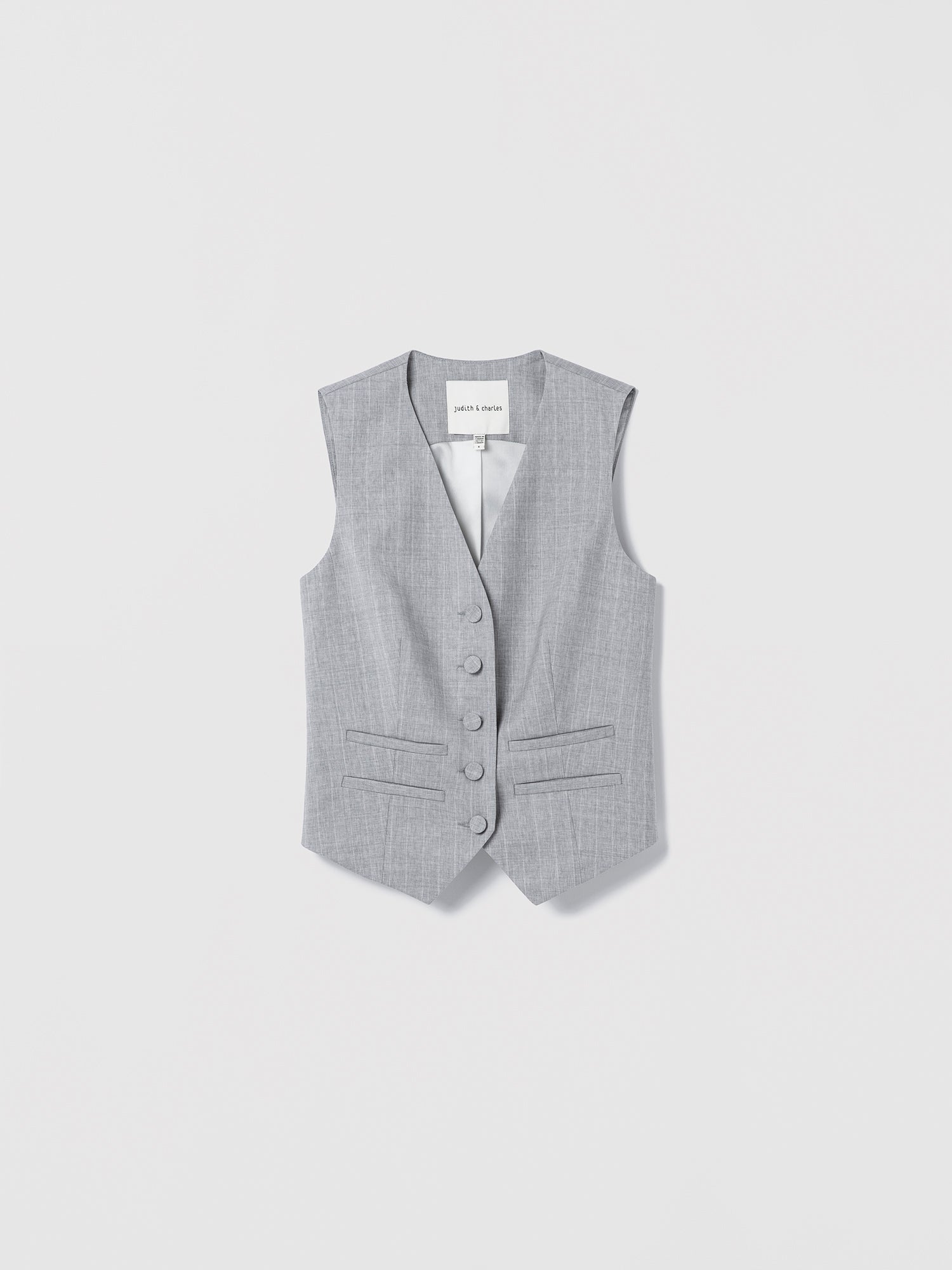 Flatshot of a grey striped tailored vest