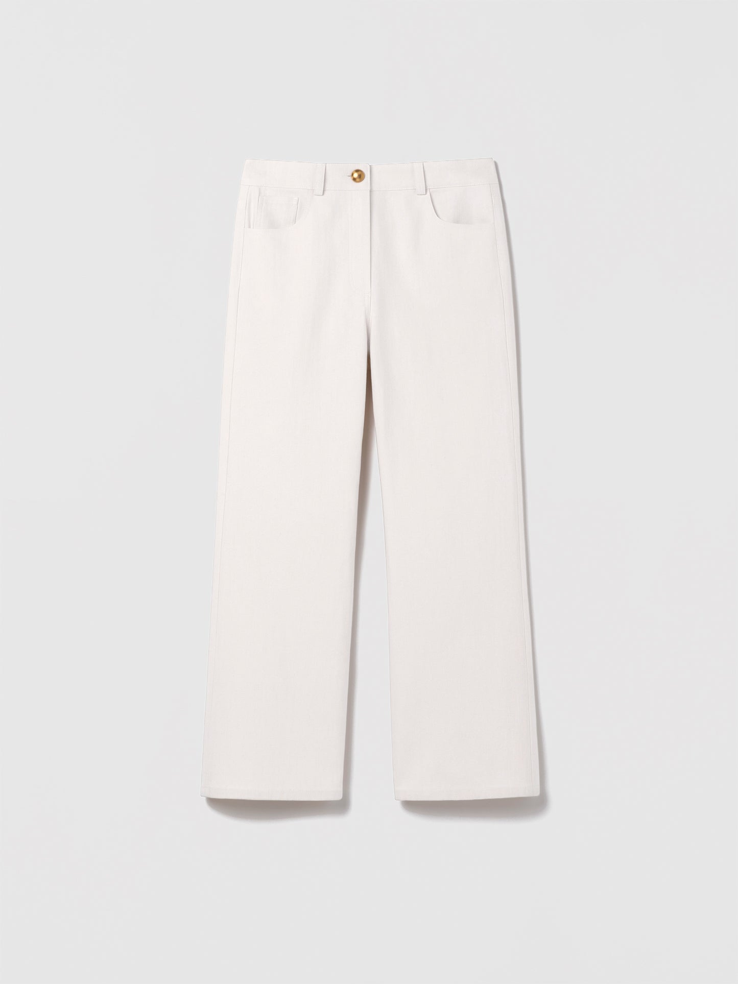 Judith and Charles Theo Pant – cropped straight-leg jean with five-pocket styling, back patch pockets, front button-and-zip closure, and belt loops; made in Canada from Italian denim