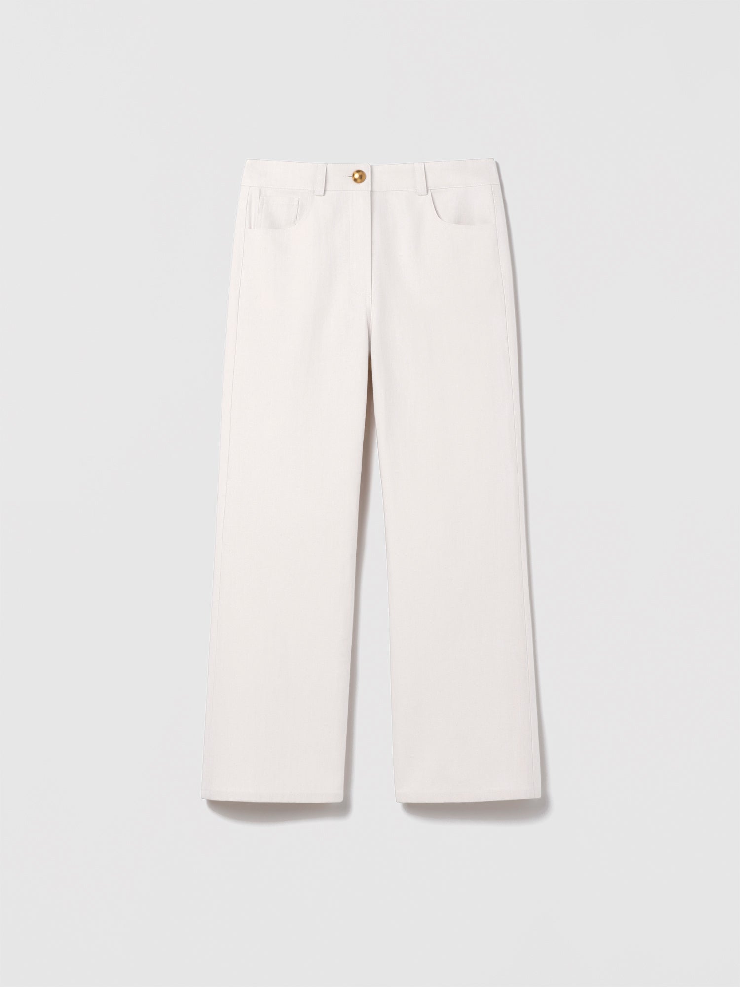 Judith and Charles Theo Pant – cropped straight-leg jean with five-pocket styling, back patch pockets, front button-and-zip closure, and belt loops; made in Canada from Italian denim