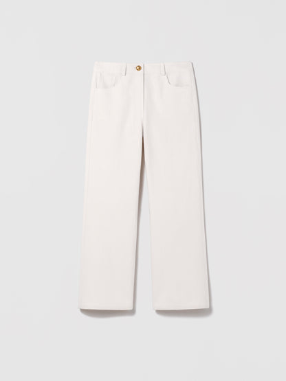 Judith and Charles Theo Pant – cropped straight-leg jean with five-pocket styling, back patch pockets, front button-and-zip closure, and belt loops; made in Canada from Italian denim