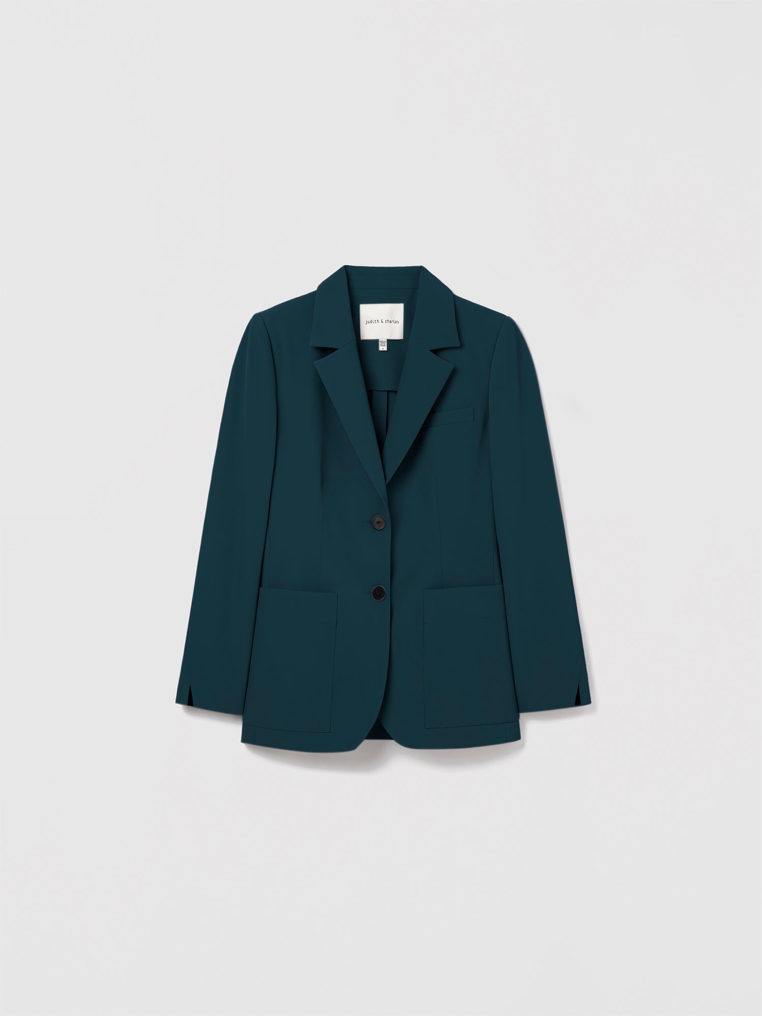 Judith & Charles two-button classic jacket in color deep ocean with notch collar, patch pockets, and back vent in an easy fit.