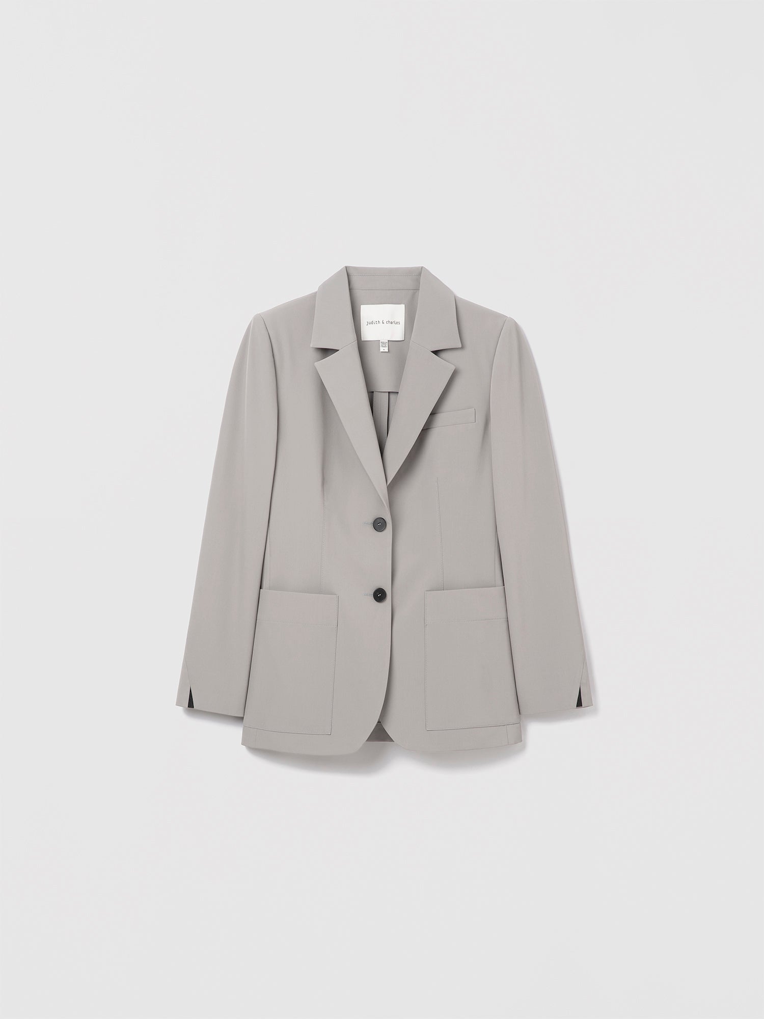 Judith & Charles two-button classic jacket in silver with notch collar, patch pockets, and back vent in an easy fit.