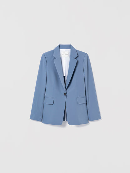 Tribeca Single Button Jacket in smokey blue, tailored in easy-care techno fabric with notch lapel and flap pockets, made in Canada with Italian fabric
