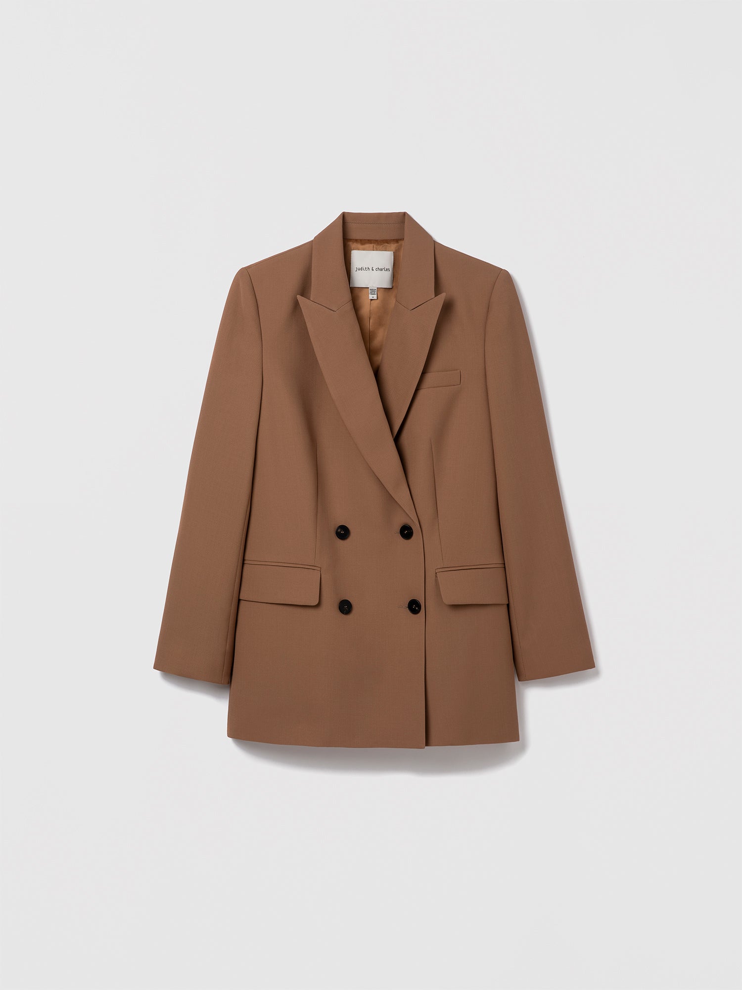 Camel Judith & Charles tailored wool jacket with peak lapel, flap and welt pockets, single back vent, fully lined.