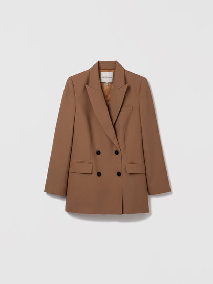 Camel Judith & Charles tailored wool jacket with peak lapel, flap and welt pockets, single back vent, fully lined.