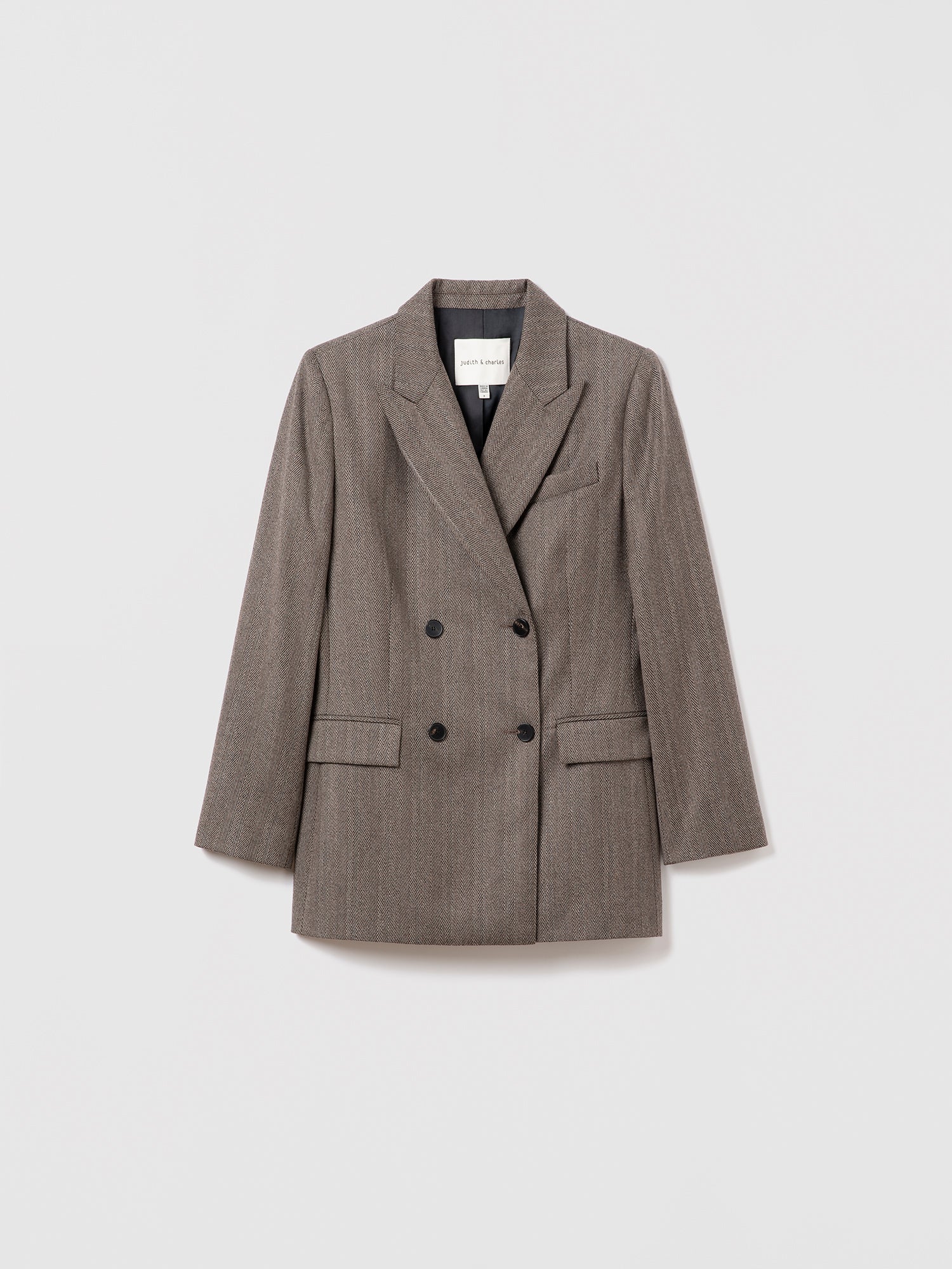 Judith and Charles double-breasted fitted herringbone wool jacket in taupe with peak lapel, flap and chest pockets, back vent