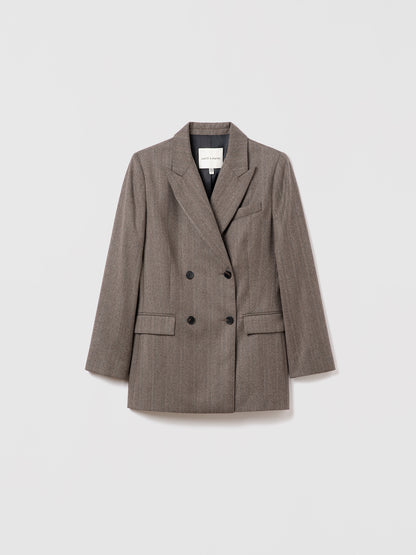 Judith and Charles double-breasted fitted herringbone wool jacket in taupe with peak lapel, flap and chest pockets, back vent