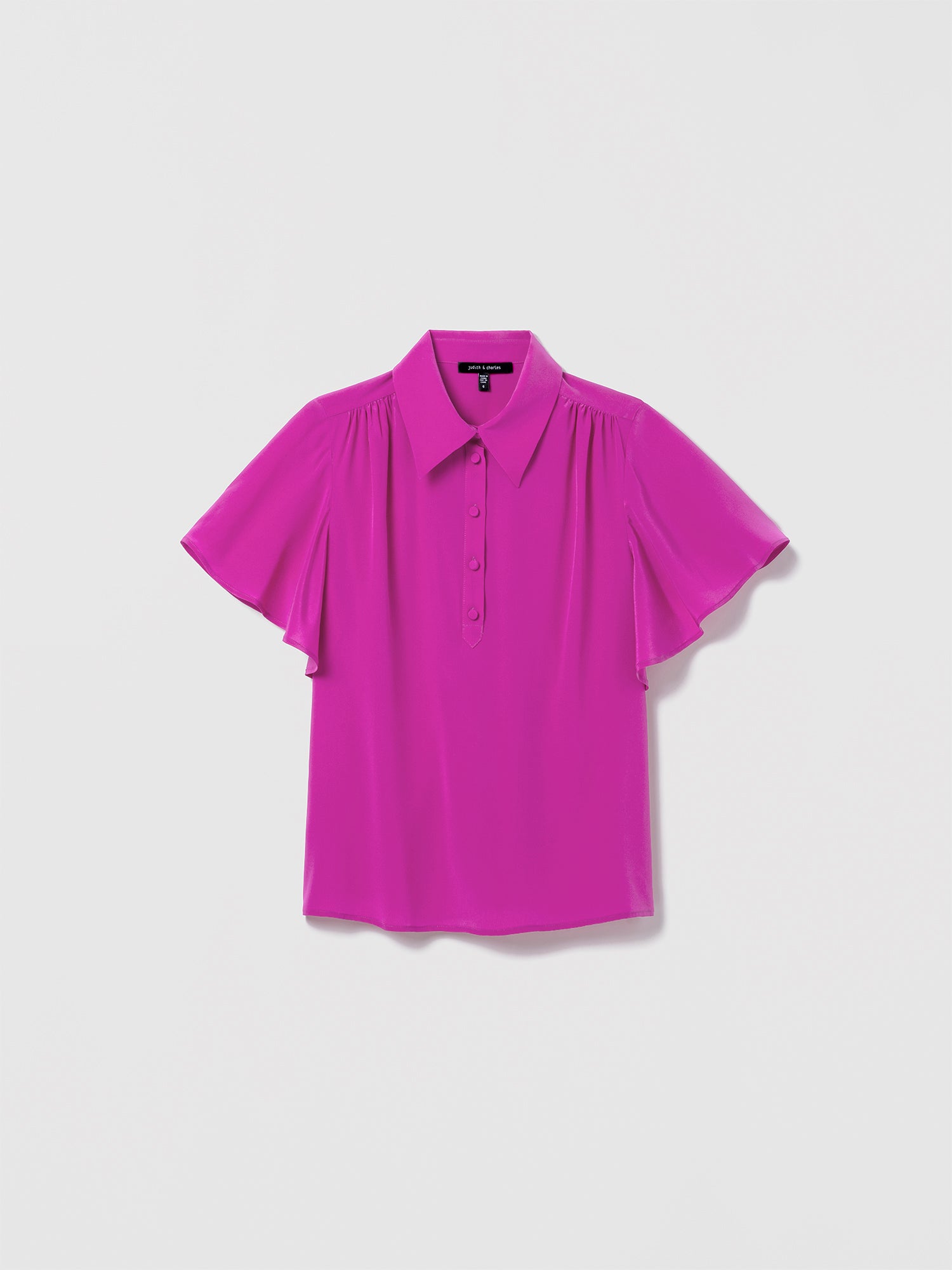 Judith & Charles orchid silk blouse with shirt collar and flutter sleeves in 100% Silk Crepe de Chine.