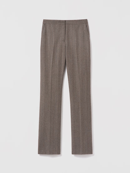 Judith and Charles slight fit-to-flare herringbone wool pants with slash and back welt pockets, belt loops, unlined, made in Canada, taupe