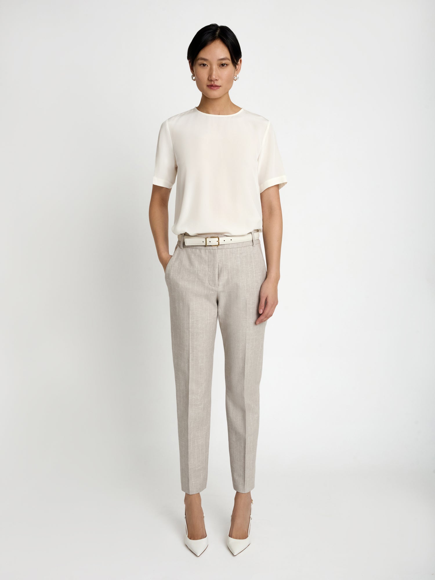 Judith and Charles Gabe Pant – Ankle-length slim pant in striped cotton-linen with a mid-rise silhouette, slash pockets, back welt pockets, hook-and-eye closure with zip, and belt loops; partially lined, made in Portugal from premium Italian fabric (Style 704-3906).