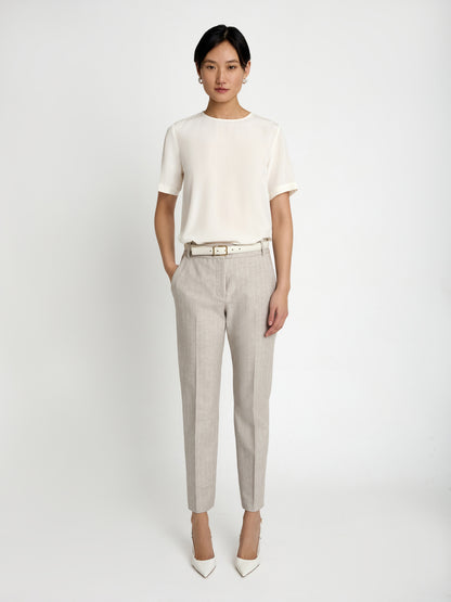 Judith and Charles Gabe Pant – Ankle-length slim pant in striped cotton-linen with a mid-rise silhouette, slash pockets, back welt pockets, hook-and-eye closure with zip, and belt loops; partially lined, made in Portugal from premium Italian fabric (Style 704-3906).