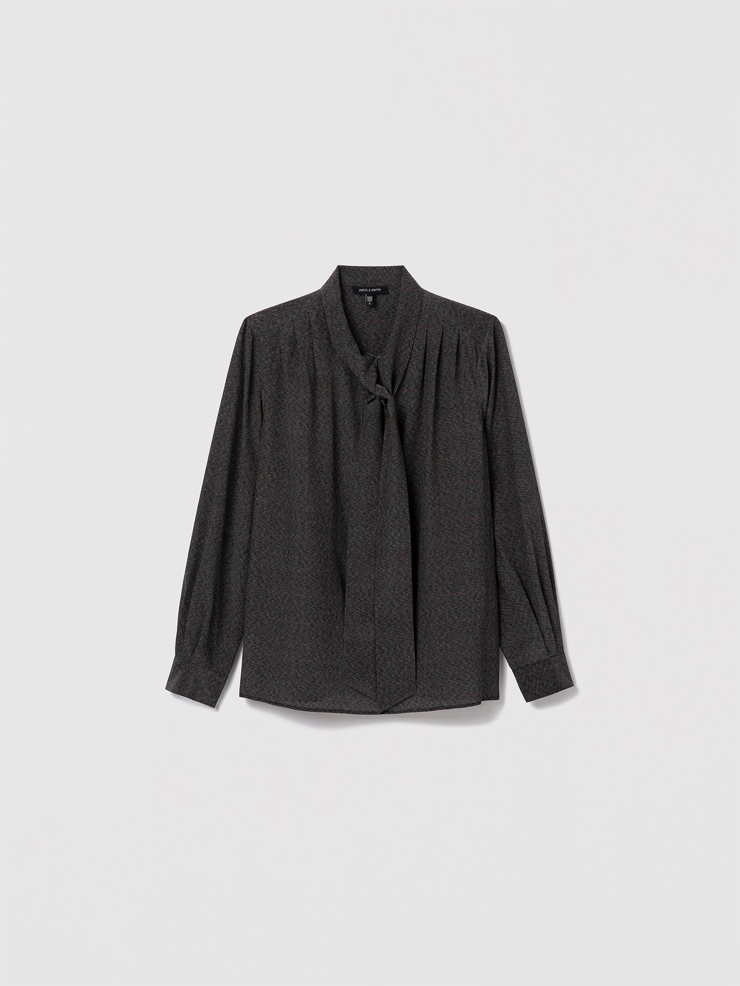 Judith and Charles grey plaid silk blouse, 100% silk, button closure, pleated long sleeves with cuff, and neck tie