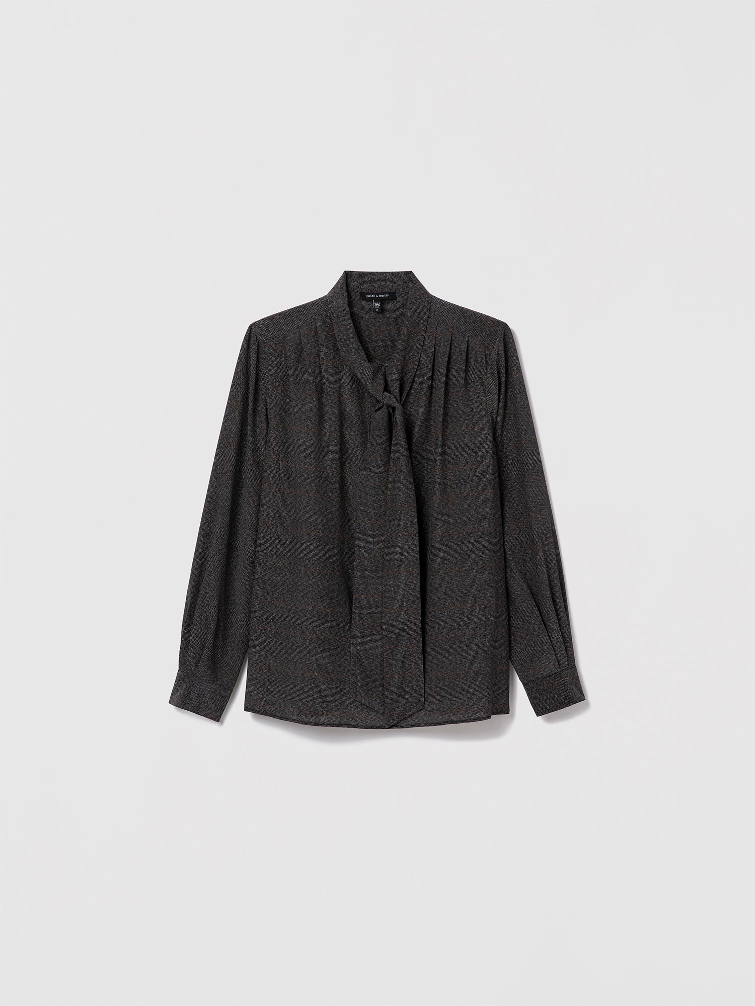 Judith and Charles grey plaid silk blouse, 100% silk, button closure, pleated long sleeves with cuff, and neck tie