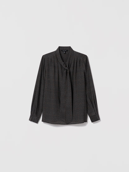 Judith and Charles grey plaid silk blouse, 100% silk, button closure, pleated long sleeves with cuff, and neck tie