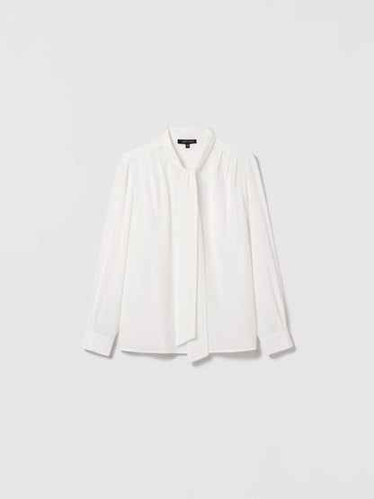 Judith and Charles off-white silk blouse, 100% silk, button closure, pleated long sleeves with cuff, and neck tie